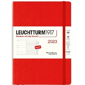 Týdenní diář a zápisník Leuchtturm Red, Weekly Planner & Notebook Medium (A5) 2023, with extra booklet, English